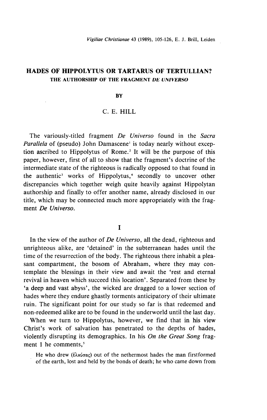 Hades of Hippolytus Or Tartarus of Tertullian? the Authorship of the Fragment De Universo