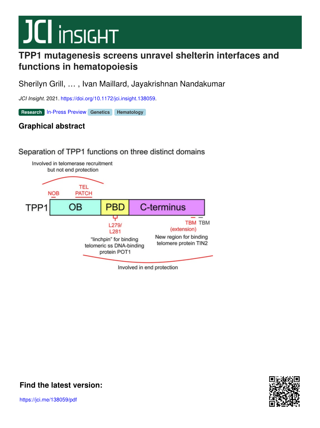 TPP1 Mutagenesis Screens Unravel Shelterin Interfaces and Functions in Hematopoiesis