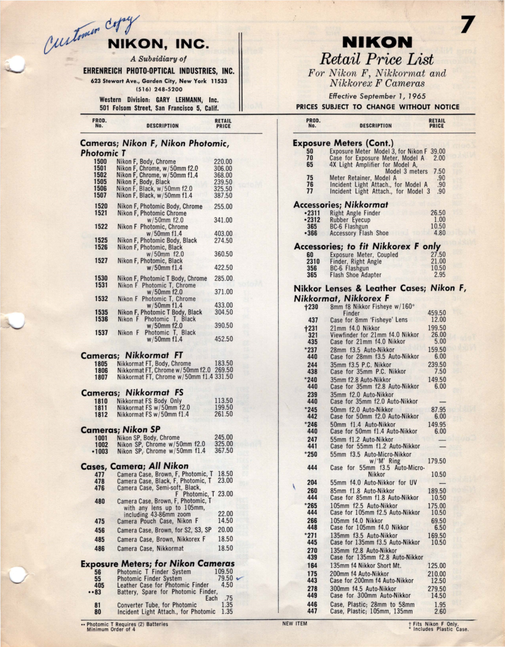 NIKON Retail Price List