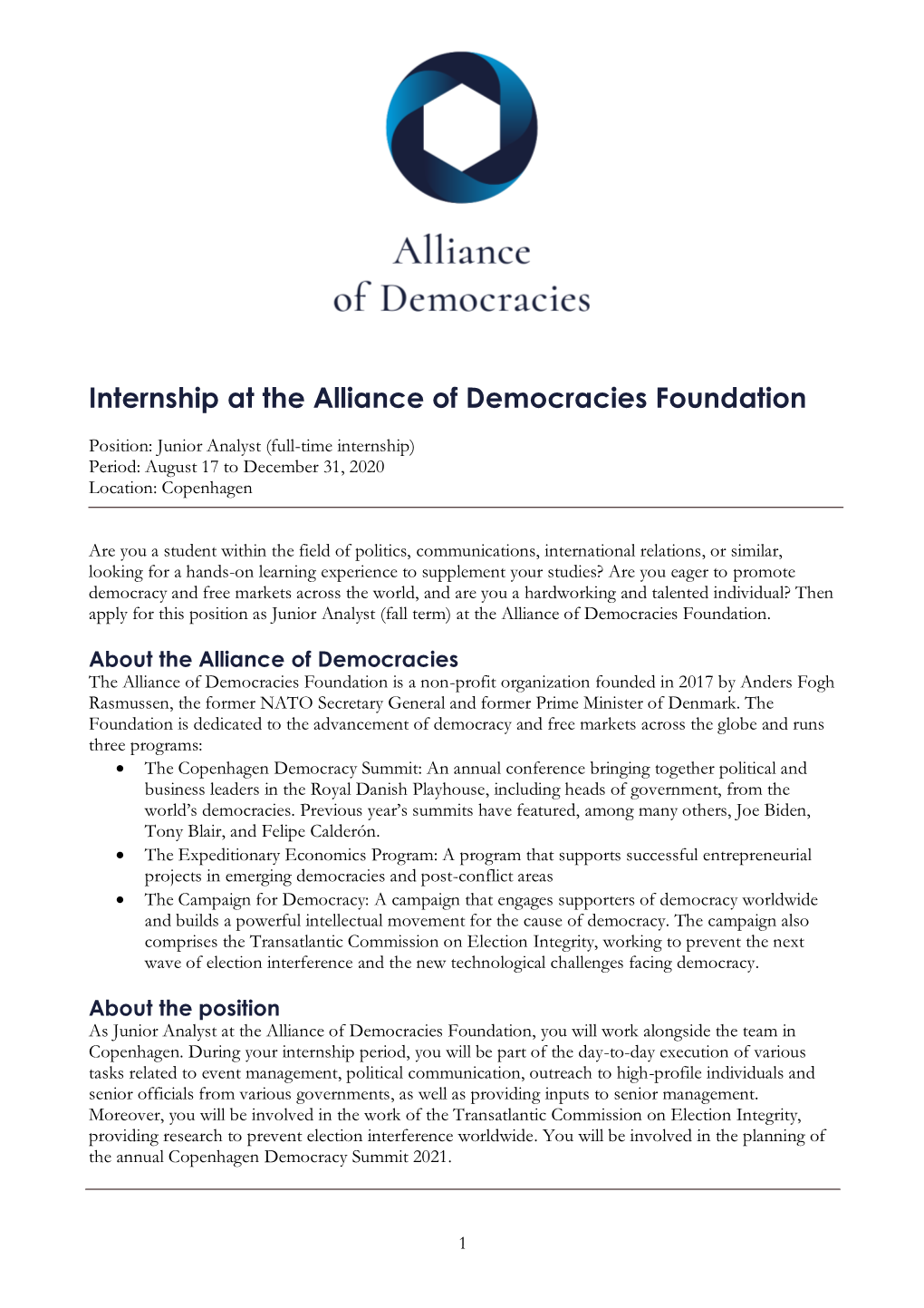 Internship at the Alliance of Democracies Foundation