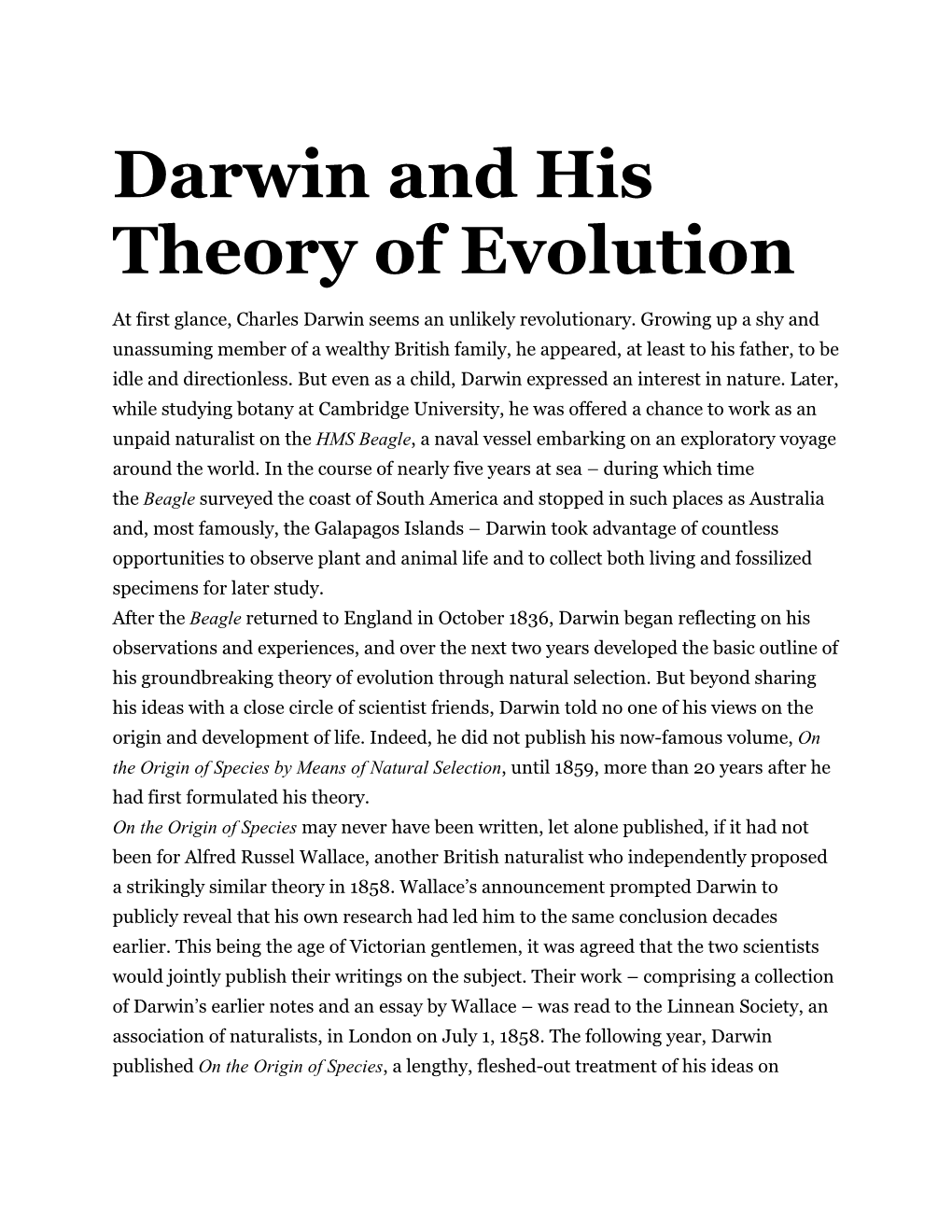 Darwin and His Theory of Evolution