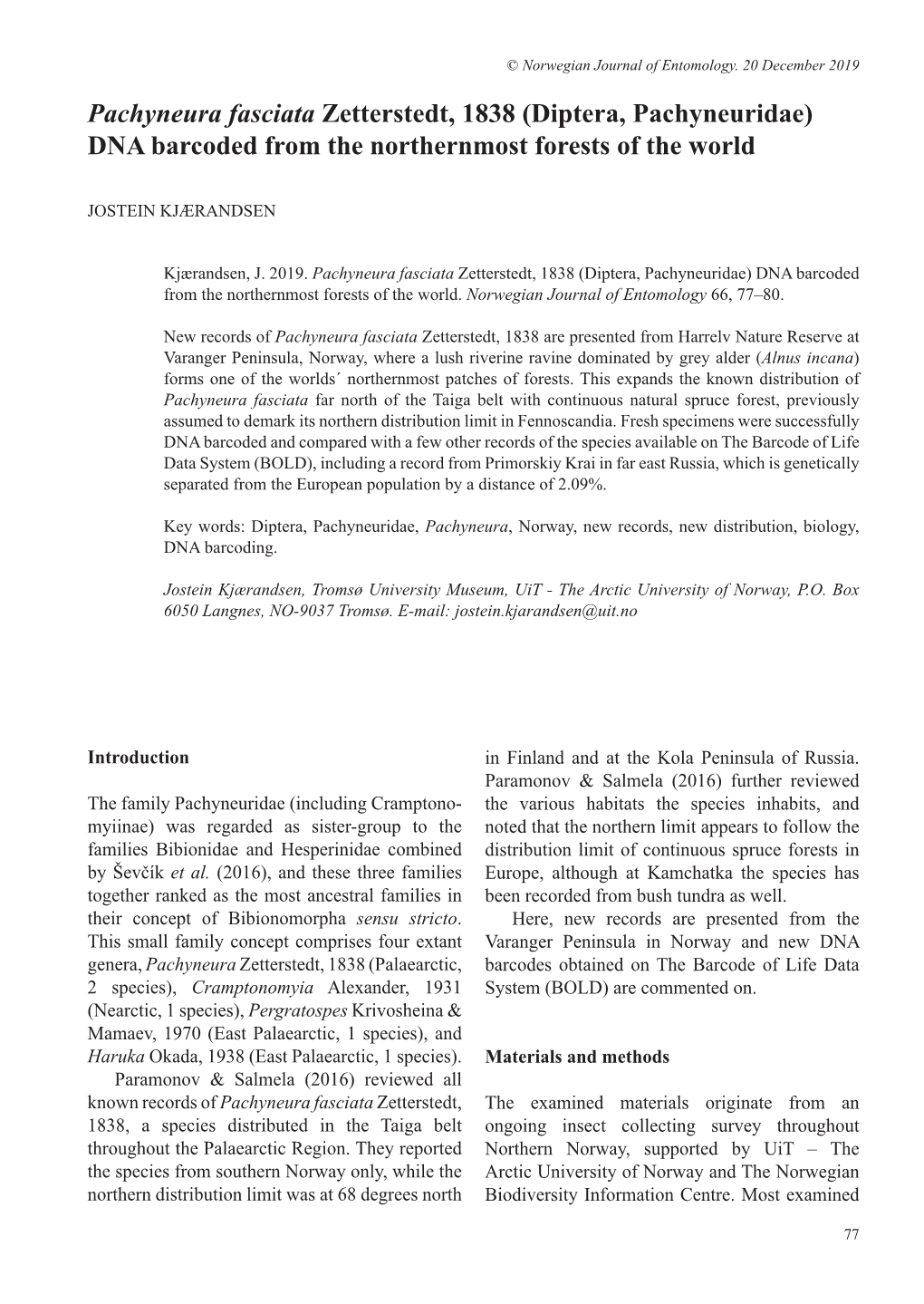 Pachyneura Fasciata Zetterstedt, 1838 (Diptera, Pachyneuridae) DNA Barcoded from the Northernmost Forests of the World