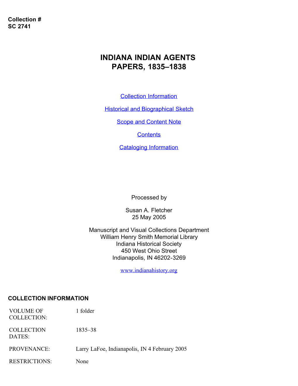 Indiana Indian Agents Papers, 1835-1838