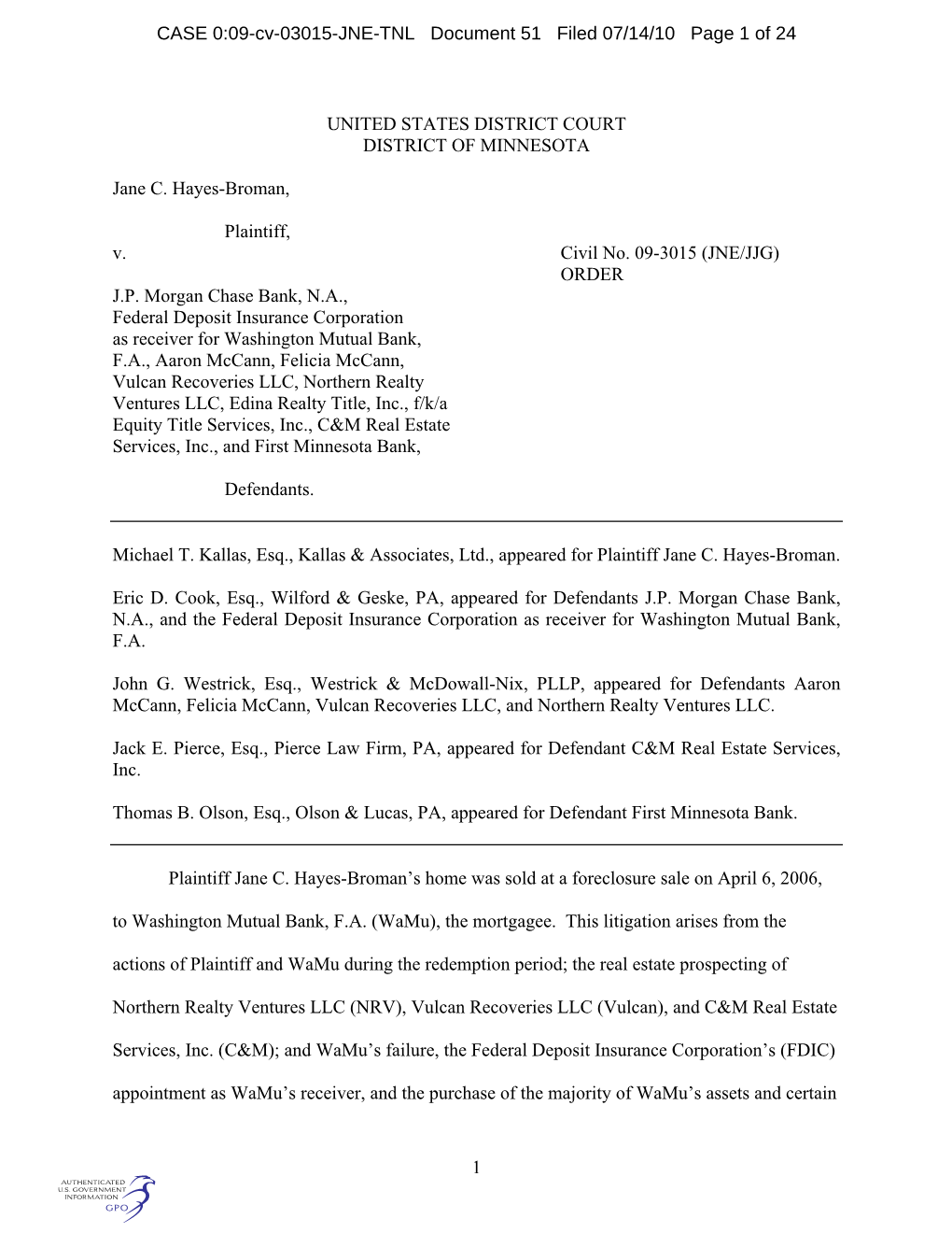 CASE 0:09-Cv-03015-JNE-TNL Document 51 Filed 07/14/10 Page 1 of 24