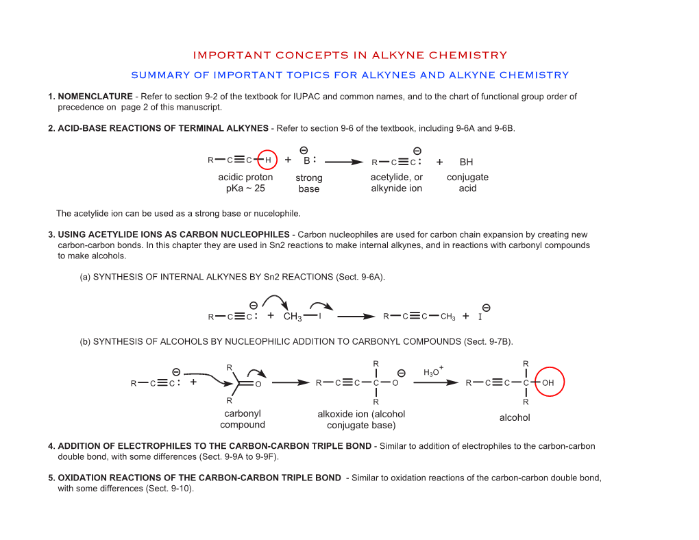 Important Concepts in Alkyne Chemistry Summary of Important Topics for Alkynes and Alkyne Chemistry