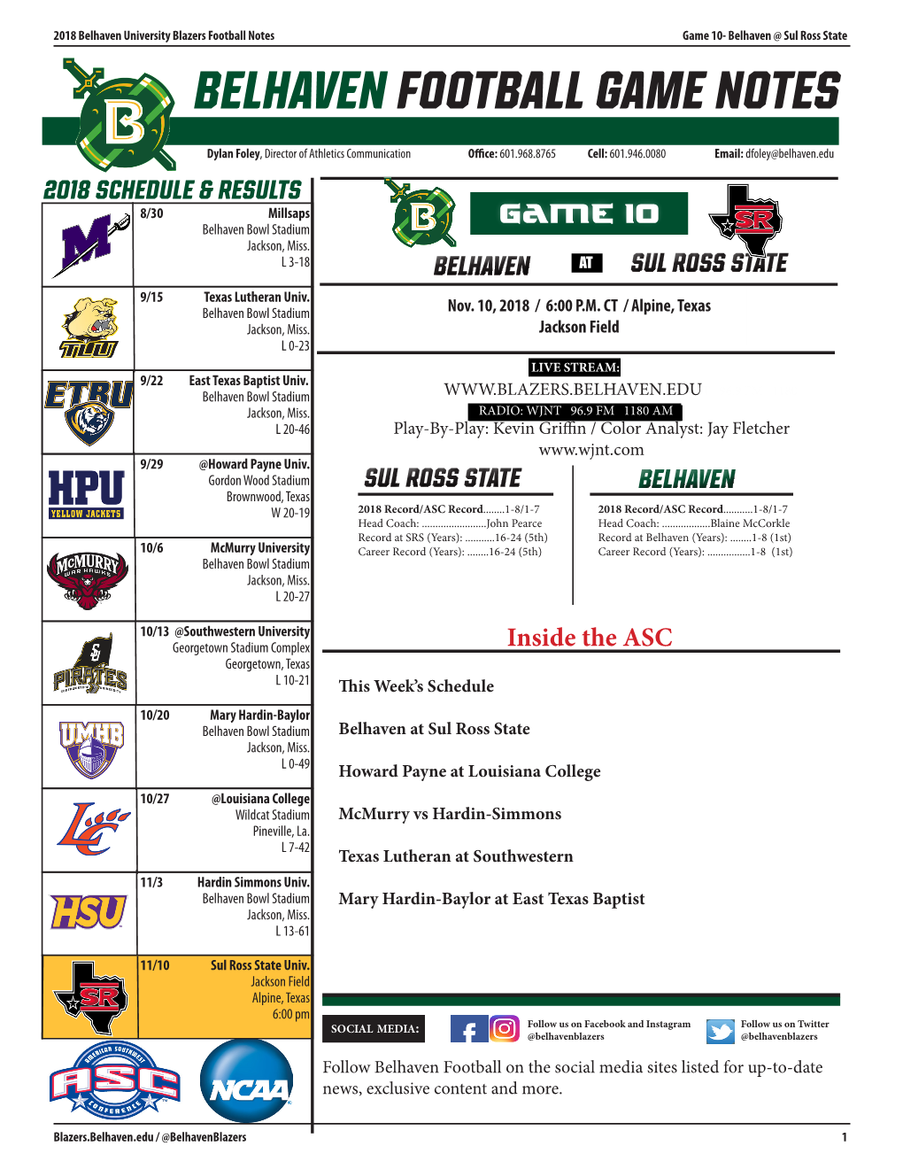 BELHAVEN FOOTBALL Game NOTES