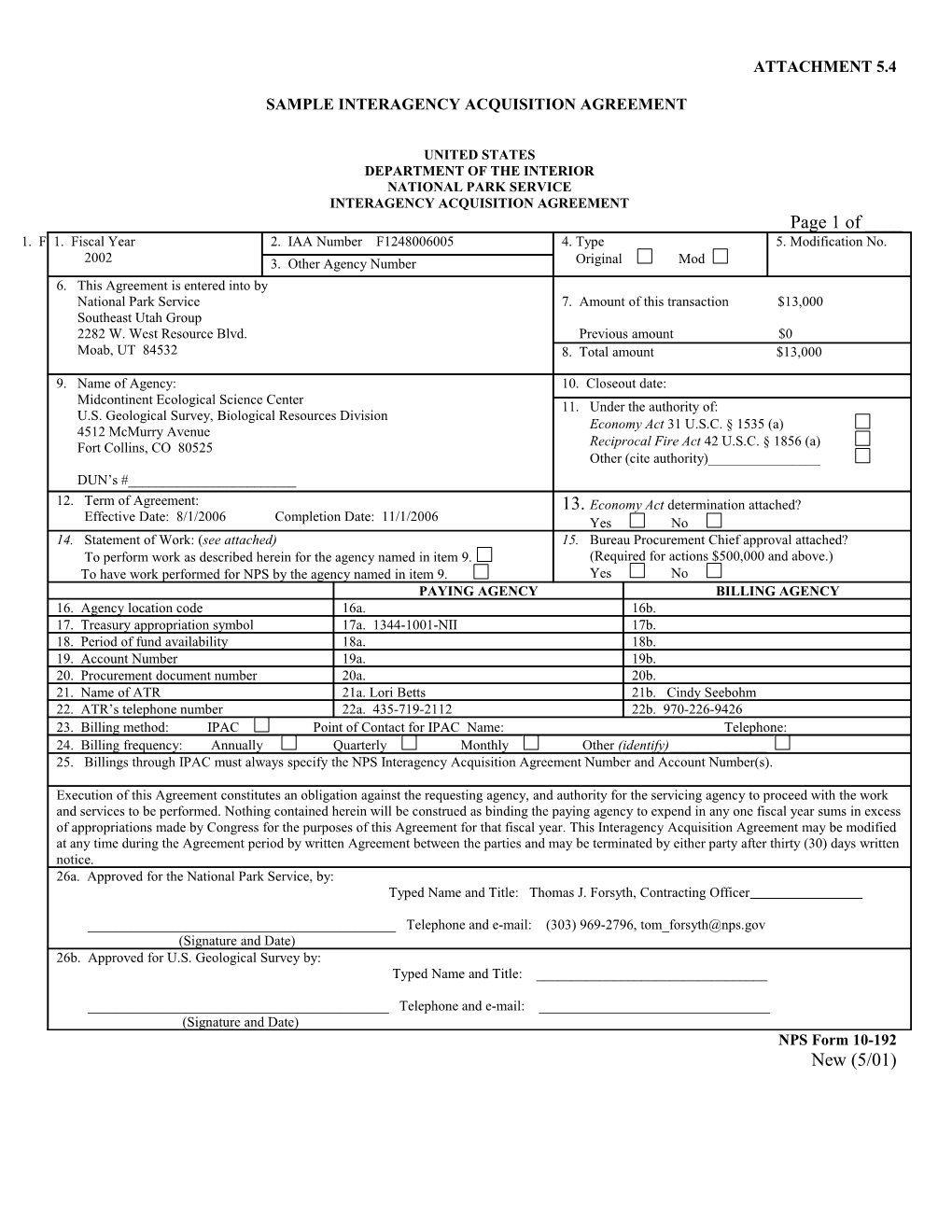 Sample Interagency Acquisition Agreement