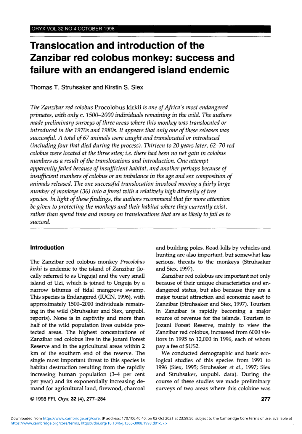 Translocation and Introduction of the Zanzibar Red Colobus Monkey: Success and Failure with an Endangered Island Endemic