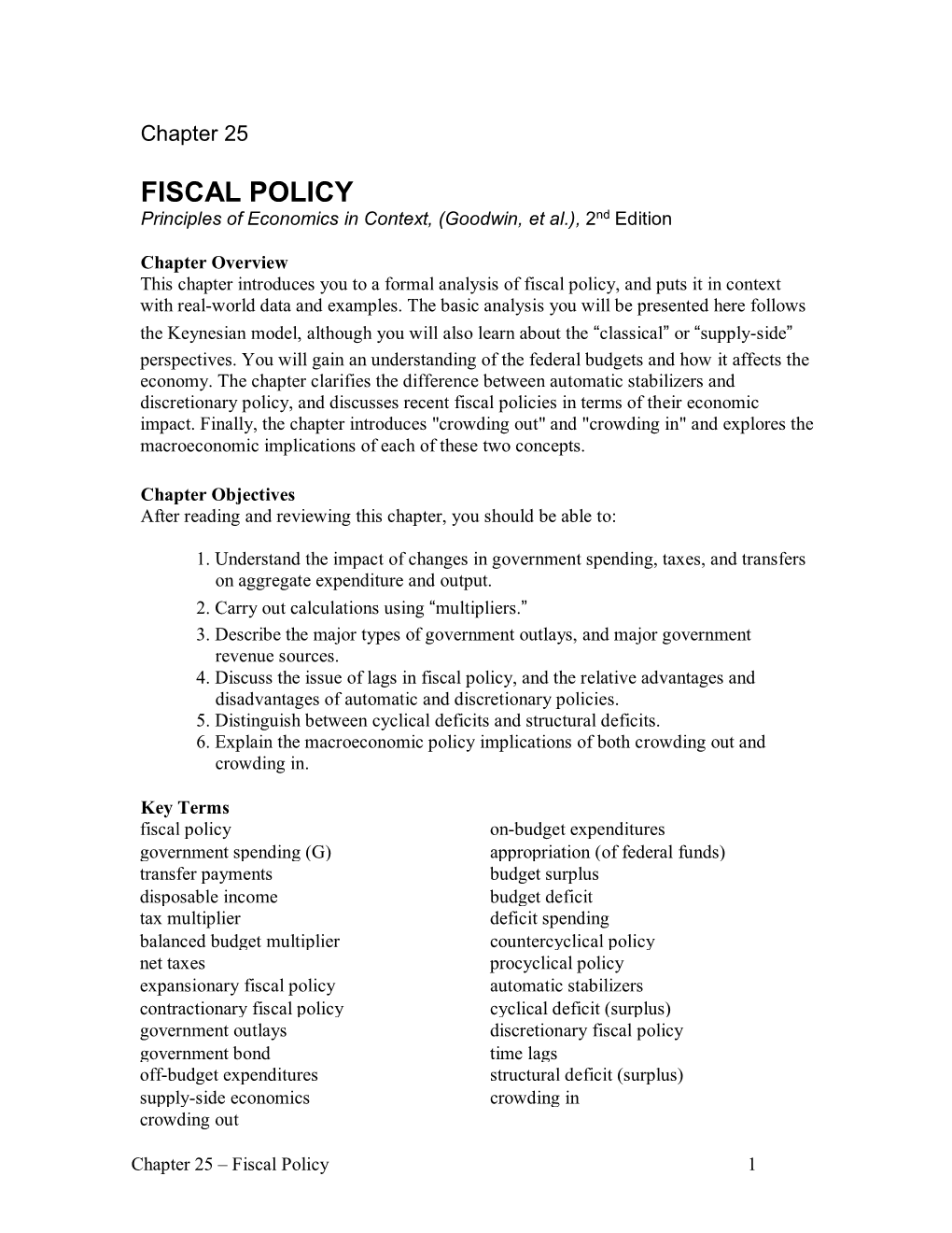 FISCAL POLICY Principles of Economics in Context, (Goodwin, Et Al.), 2Nd Edition