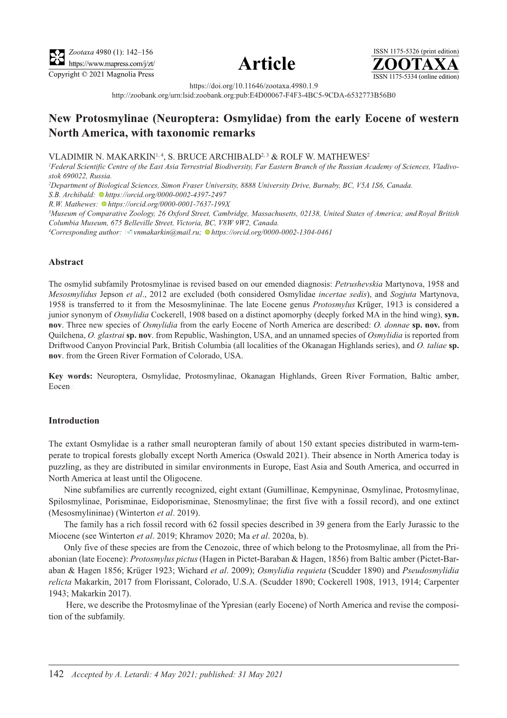 New Protosmylinae (Neuroptera: Osmylidae) from the Early Eocene of Western North America, with Taxonomic Remarks