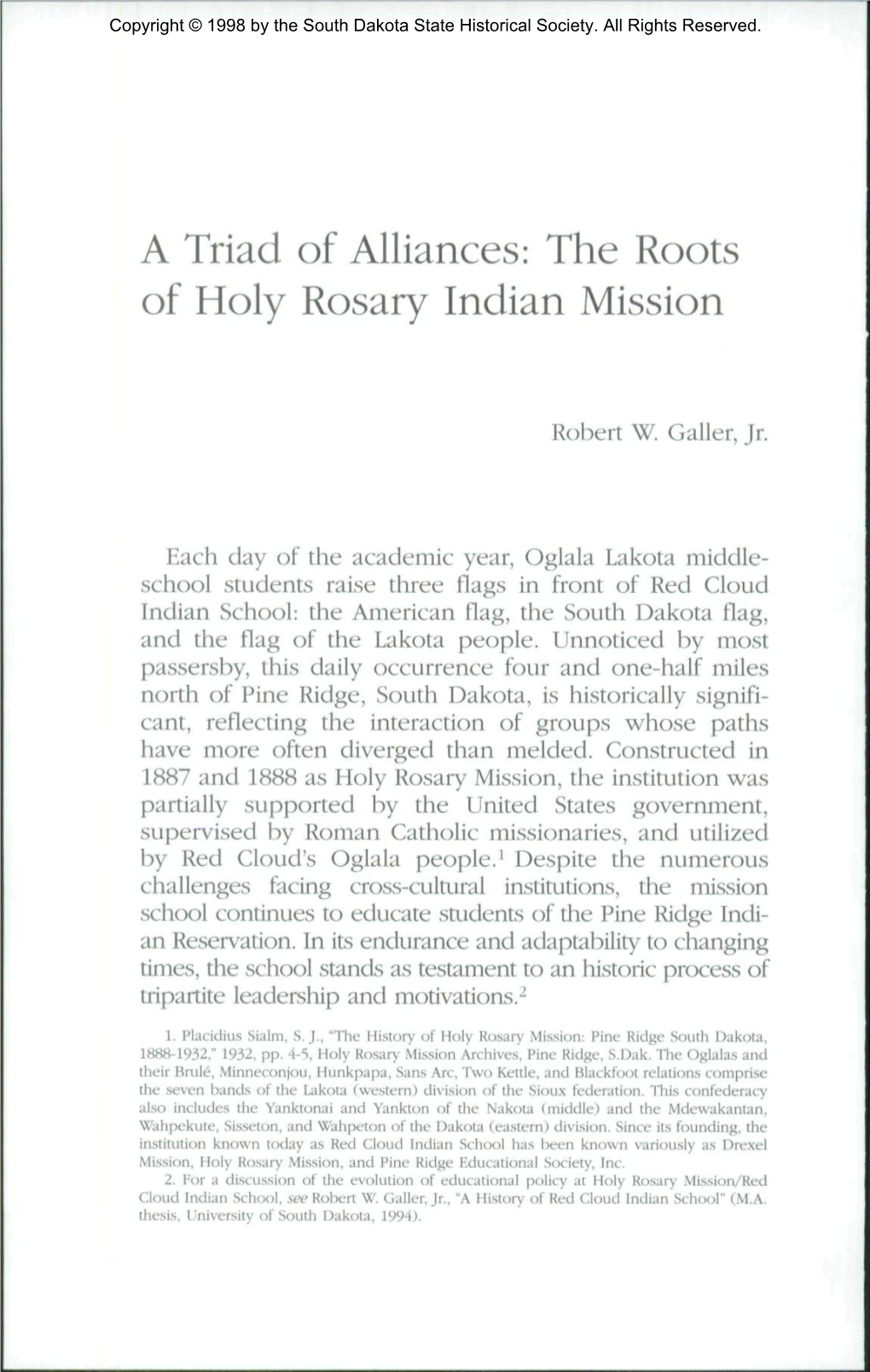 A Triad of Alliances: the Roots of Holy Rosary Indian Mission