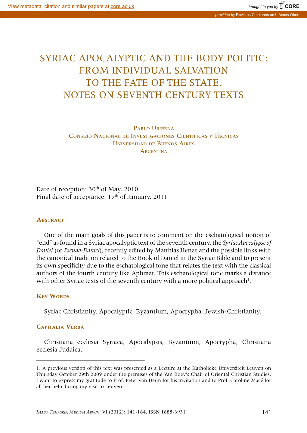 Syriac Apocalyptic and the Body Politic: from Individual Salvation to the Fate of the State