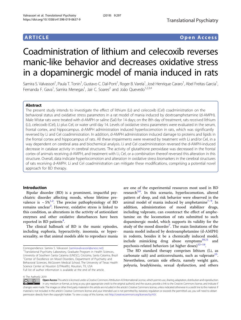 Coadministration of Lithium and Celecoxib Reverses Manic-Like Behavior and Decreases Oxidative Stress in a Dopaminergic Model of Mania Induced in Rats Samira S
