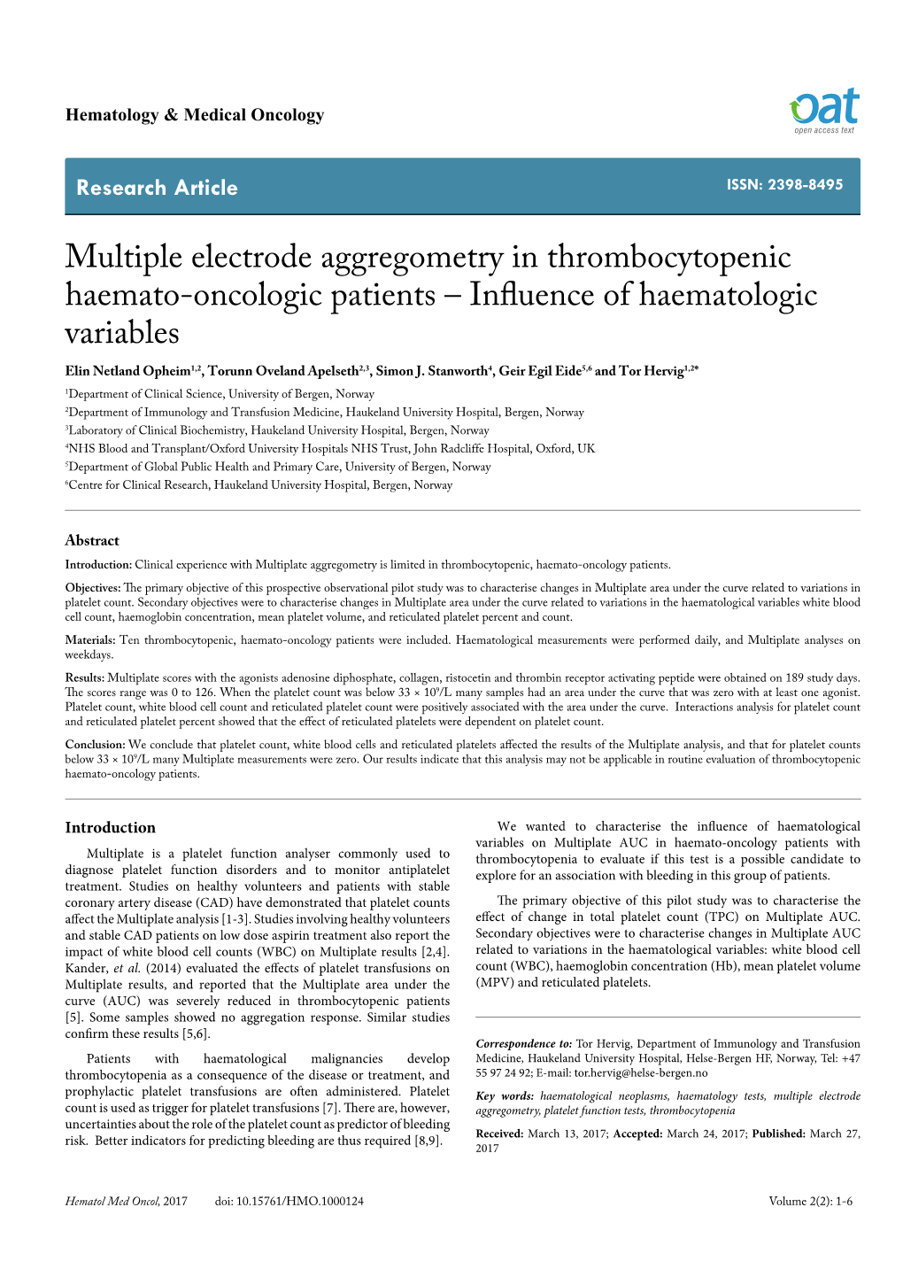 Multiple Electrode Aggregometry in Thrombocytopenic