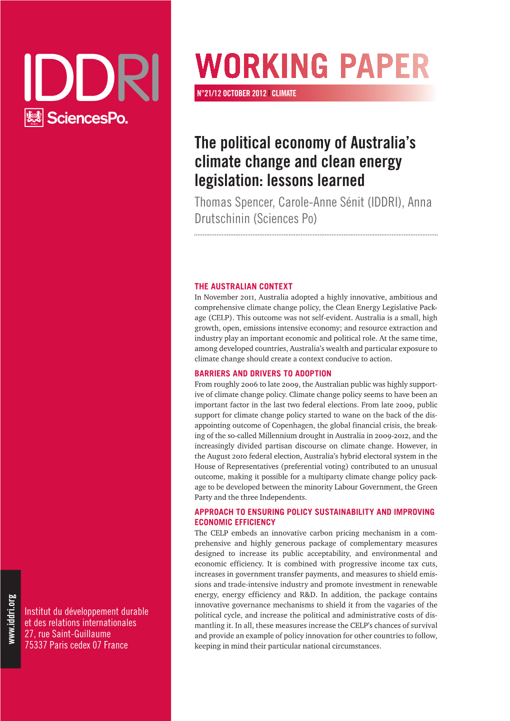 The Political Economy of Australia's Climate Change and Clean Energy Legislation