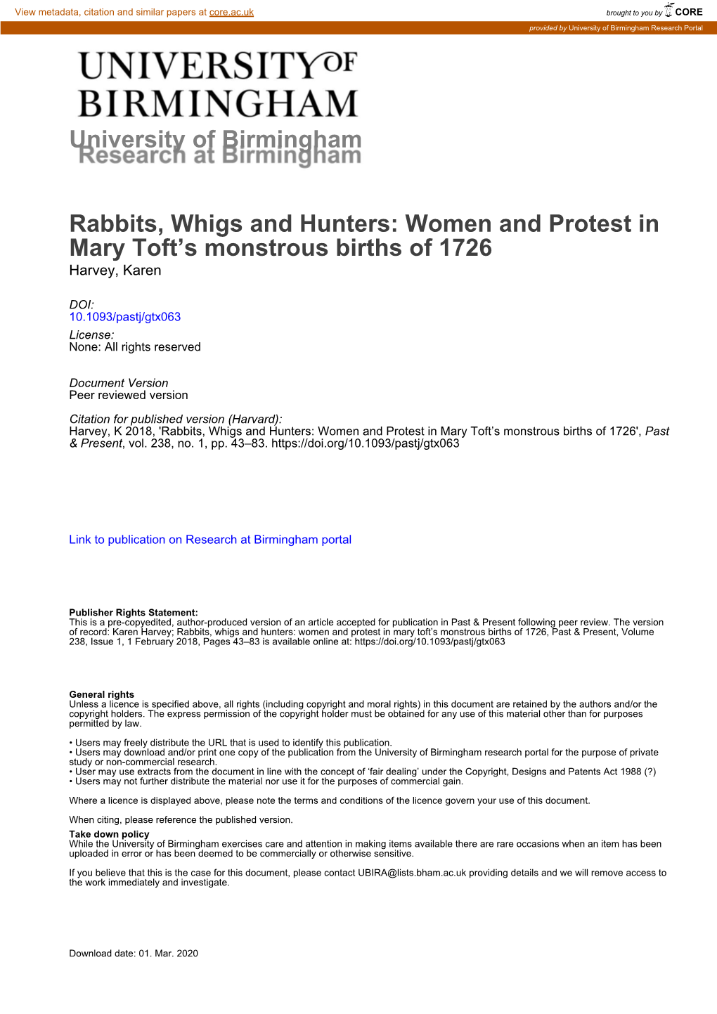 Women and Protest in Mary Toft's Monstrous Births of 1726
