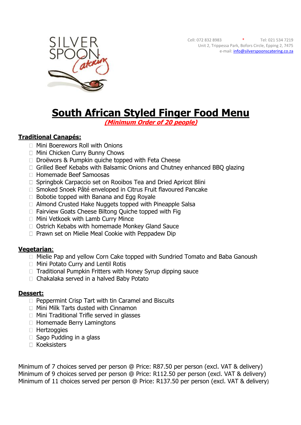 South African Styled Finger Food Menu (Minimum Order of 20 People)