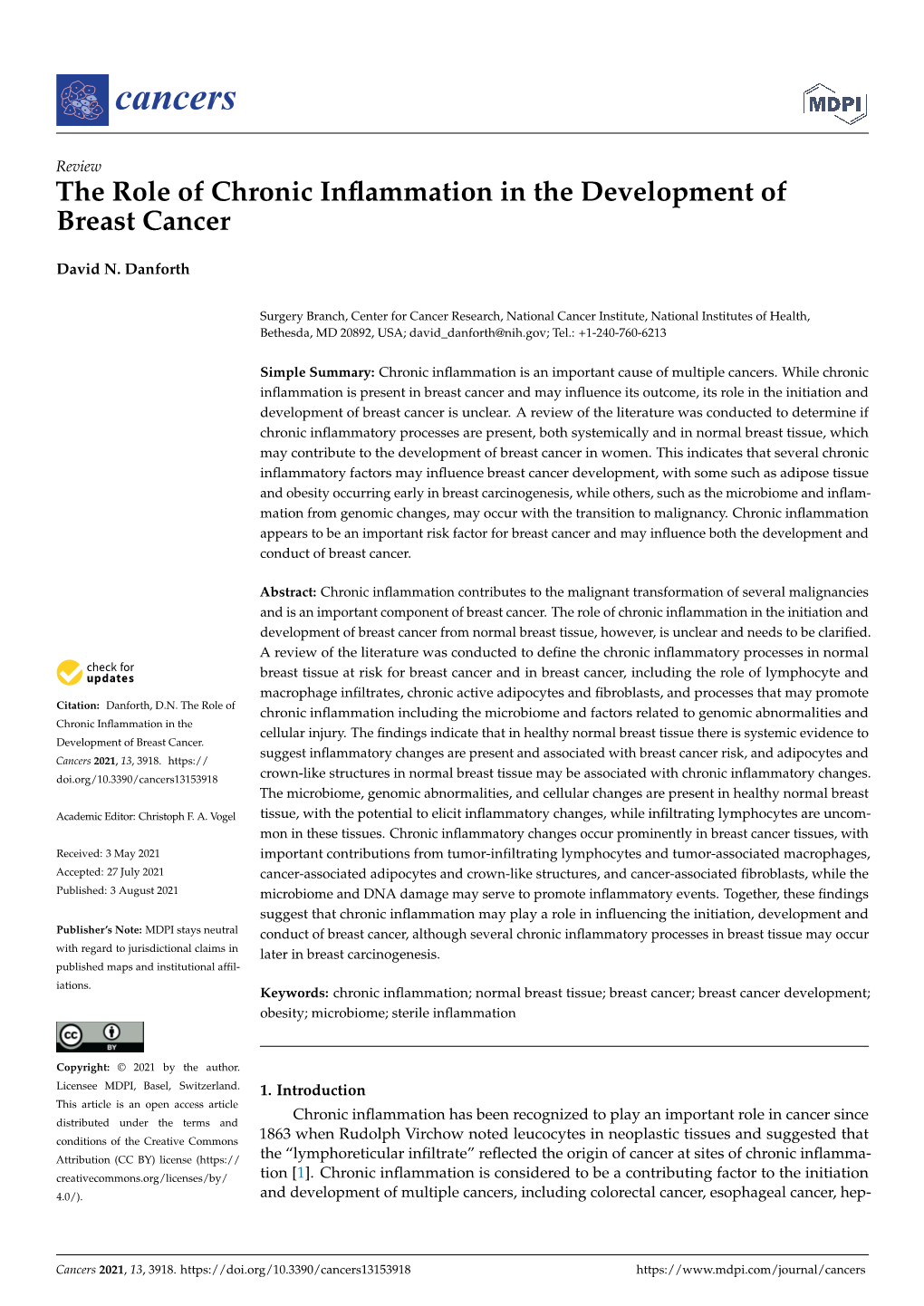 The Role of Chronic Inflammation in the Development of Breast Cancer