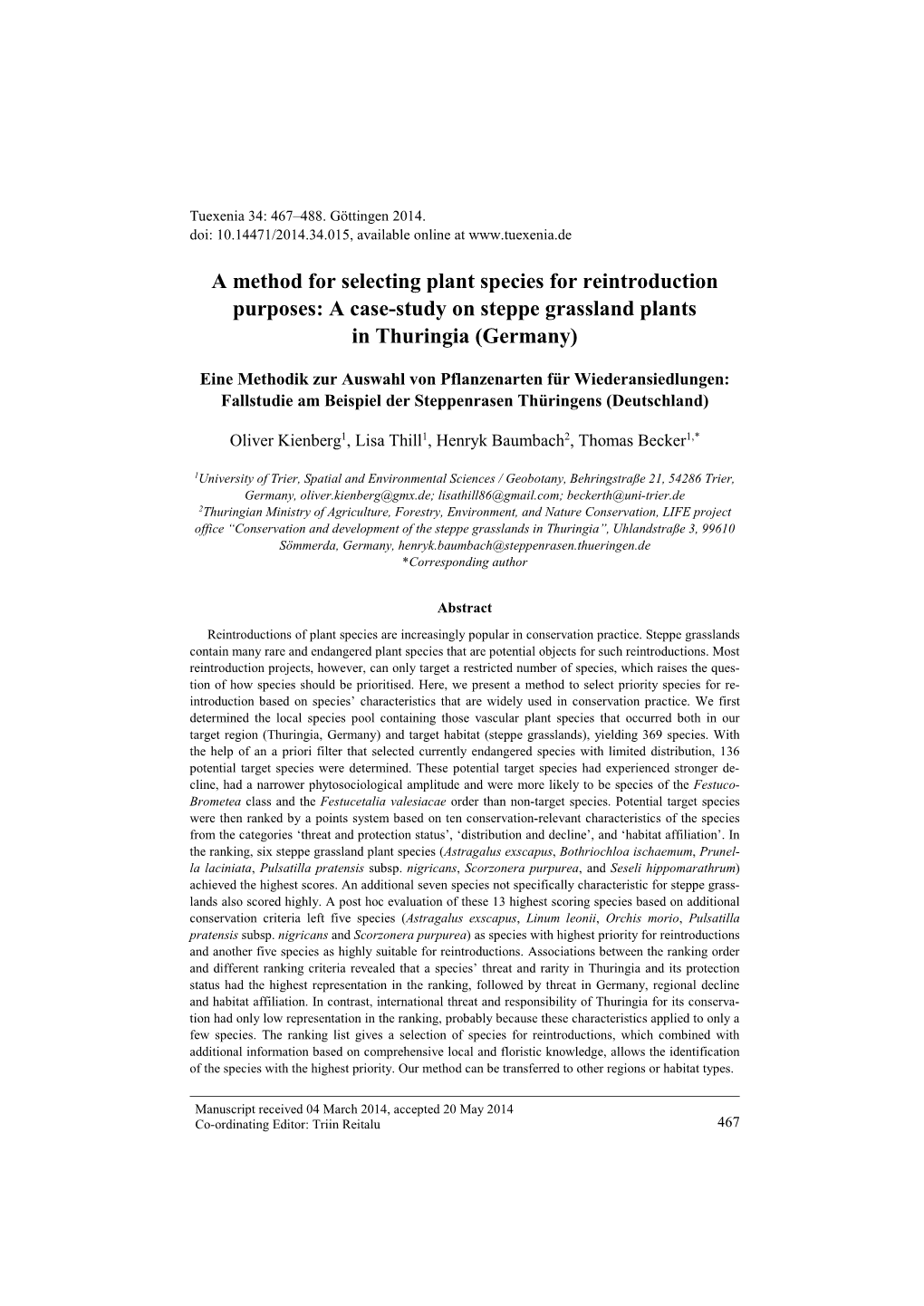 A Method for Selecting Plant Species for Reintroduction Purposes: a Case-Study on Steppe Grassland Plants in Thuringia (Germany)