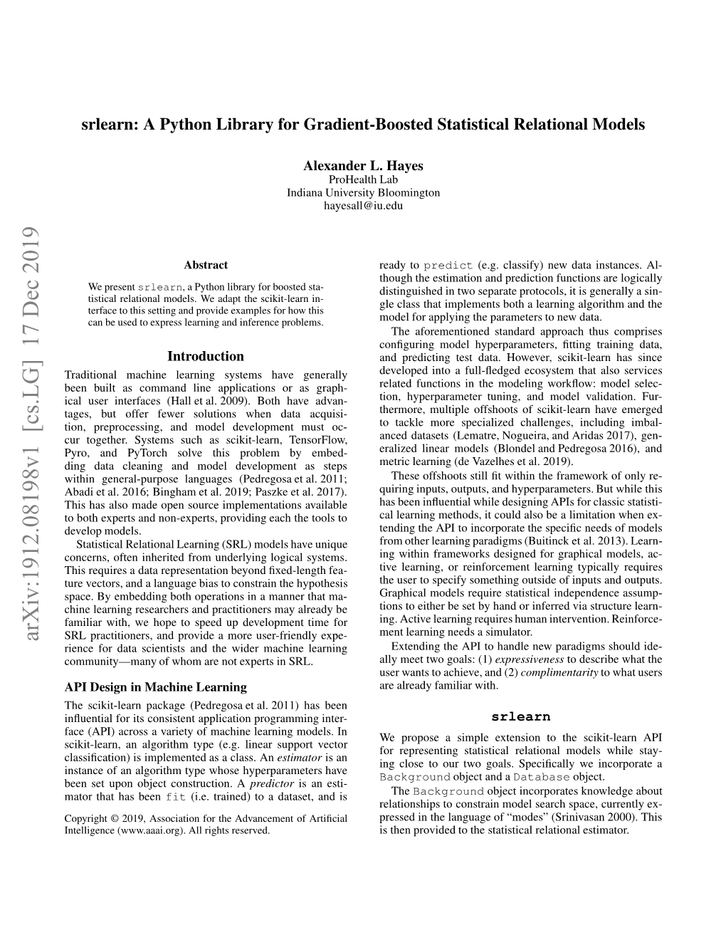 Arxiv:1912.08198V1 [Cs.LG] 17 Dec 2019 Ao Hthsbeen a Has Construction