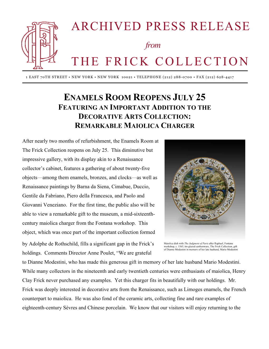 PRESS RELEASE from the FRICK COLLECTION