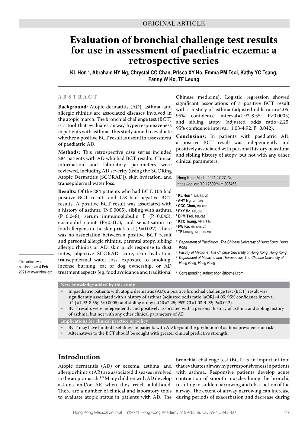 Evaluation of Bronchial Challenge Test Results for Use in Assessment of Paediatric Eczema: a Retrospective Series