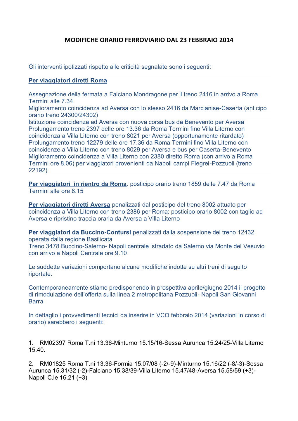 Modifiche Orario Ferroviario Dal 23 Febbraio 2014