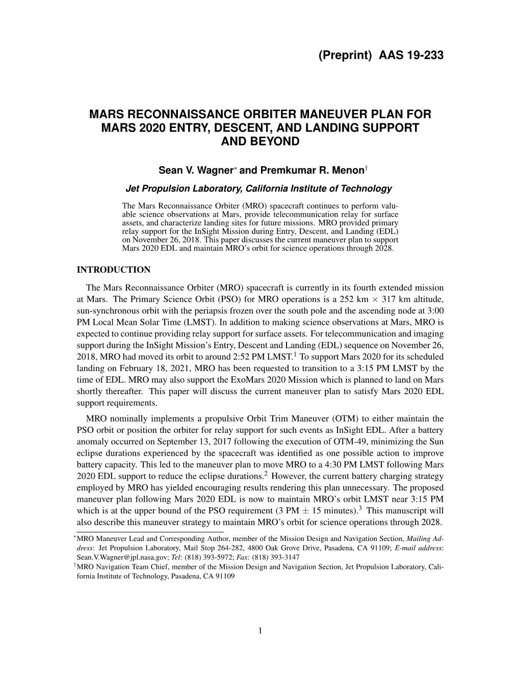 Aas 19-233 Mars Reconnaissance Orbiter Maneuver Plan for Mars 2020 Entry, Descent, and Landing Support and Beyond