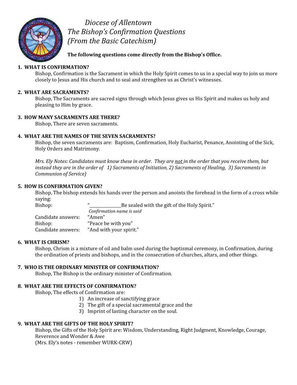 Diocese of Allentown the Bishop's Confirmation Questions (From The