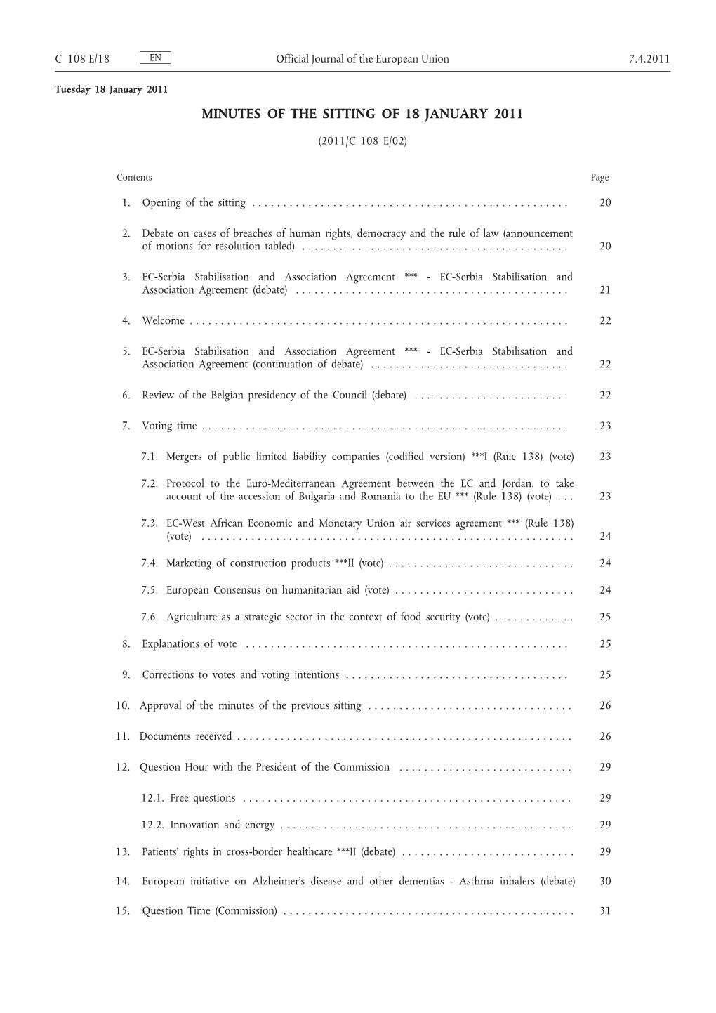 Minutes of the Sitting of 18 January 2011