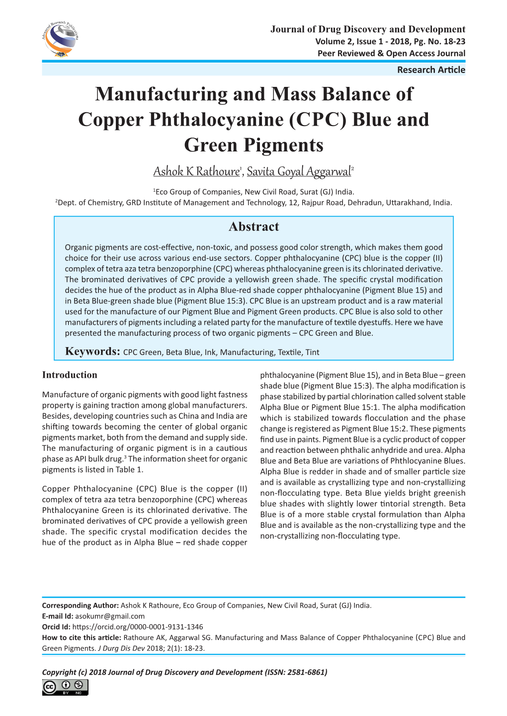 Manufacturing and Mass Balance of Copper Phthalocyanine (CPC) Blue