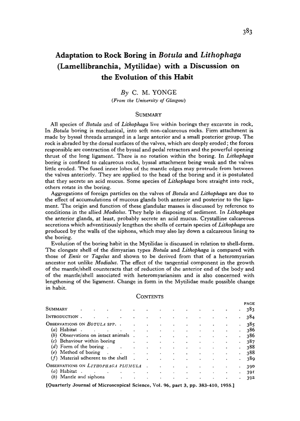 Adaptation to Rock Boring in Botula and Lithophaga (Lamellibranchia