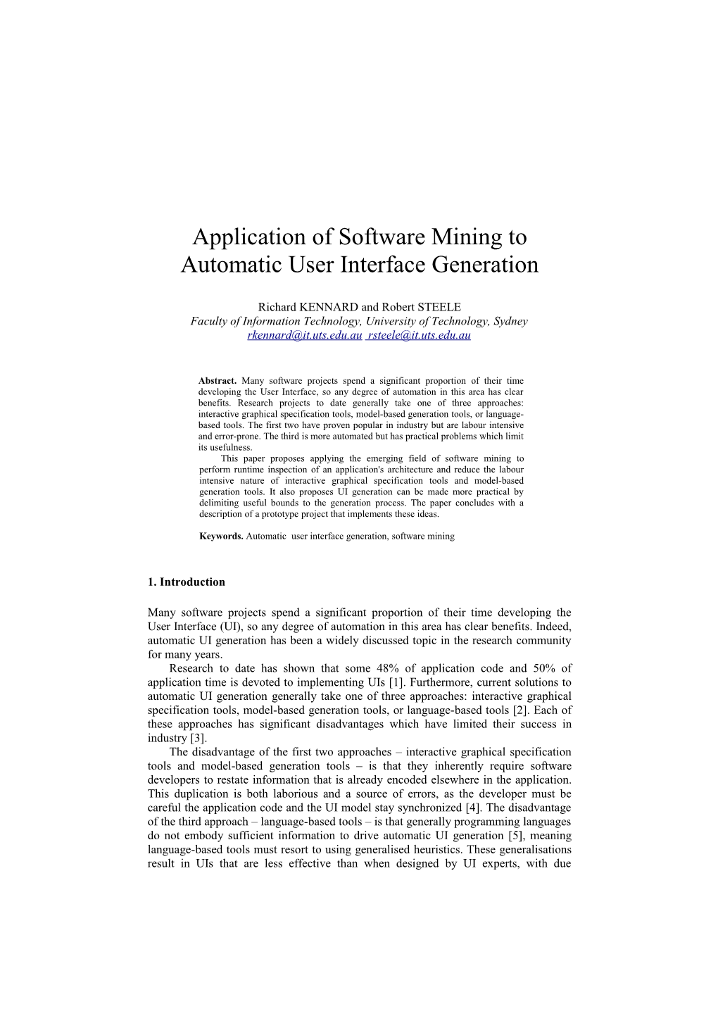 Application of Software Mining to Automatic User Interface Generation