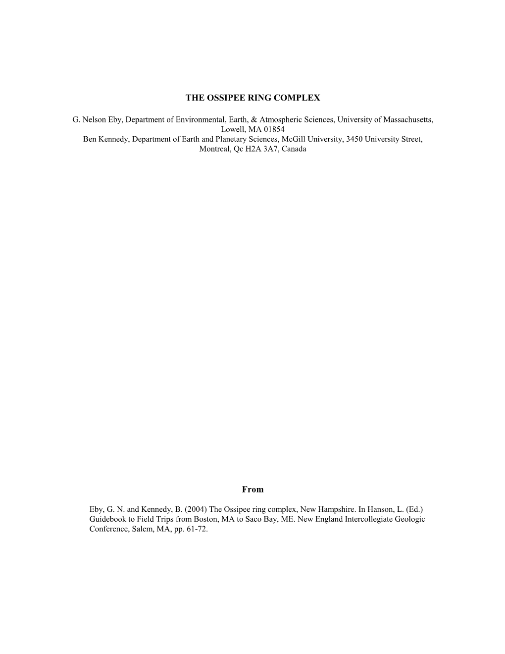 Eby, GN and Kennedy, B. (2004) the Ossipee Ring Complex, New