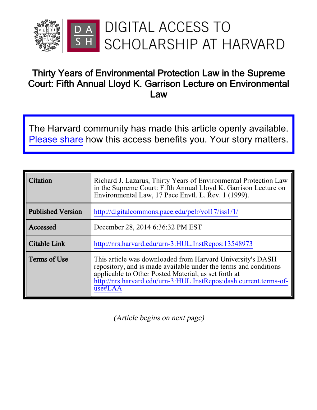 Thirty Years of Environmental Protection Law in the Supreme Court: Fifth Annual Lloyd K