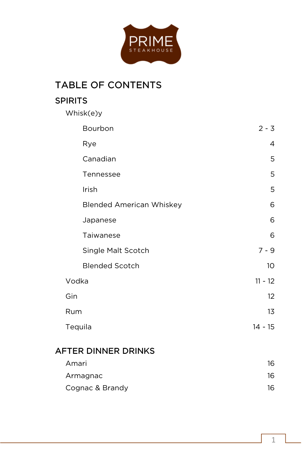 TABLE of CONTENTS SPIRITS Whisk(E)Y