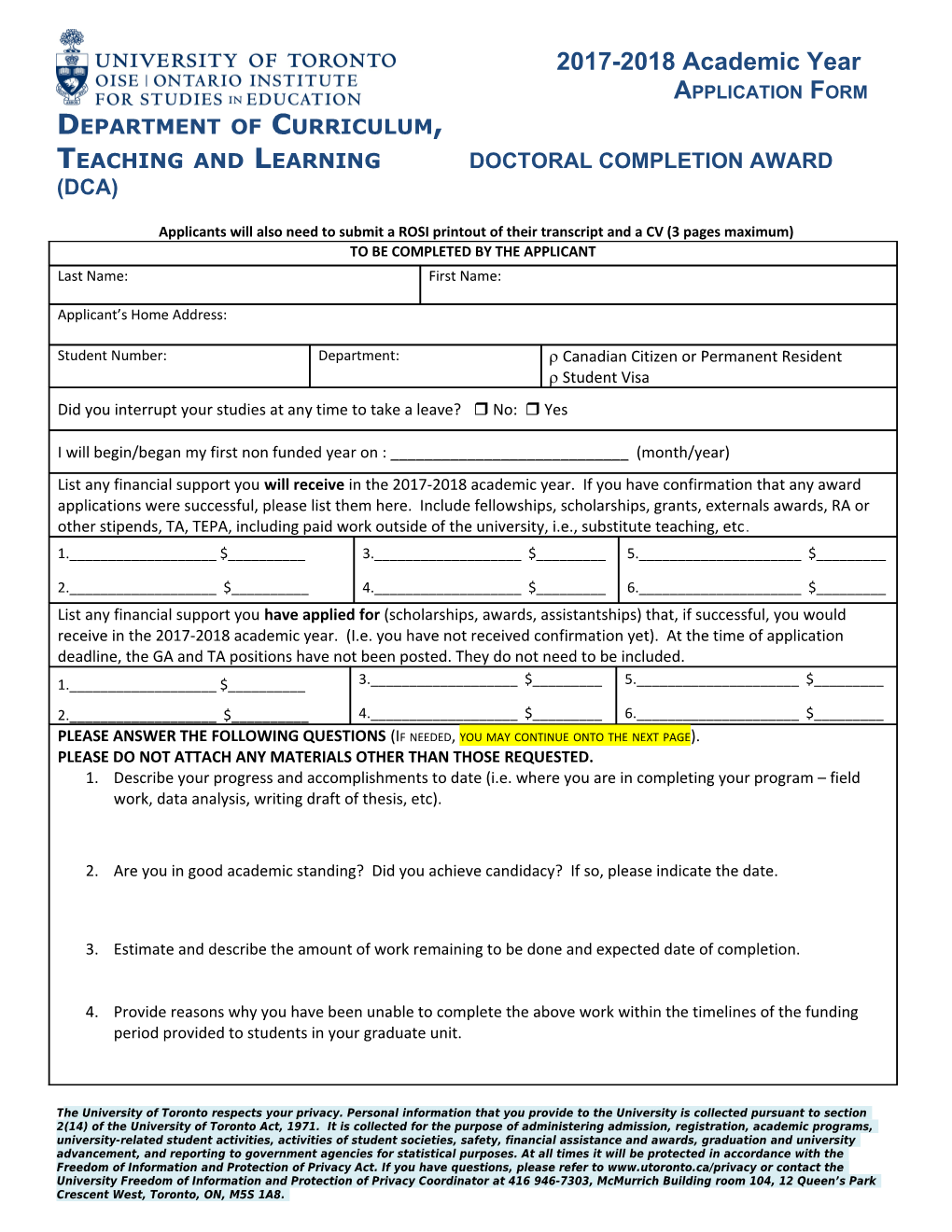 Teaching and Learning Doctoral Completion Award (DCA)