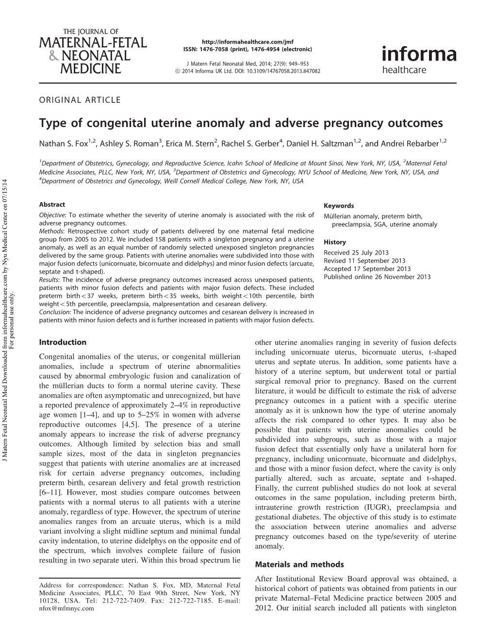 Type of Congenital Uterine Anomaly and Adverse Pregnancy Outcomes