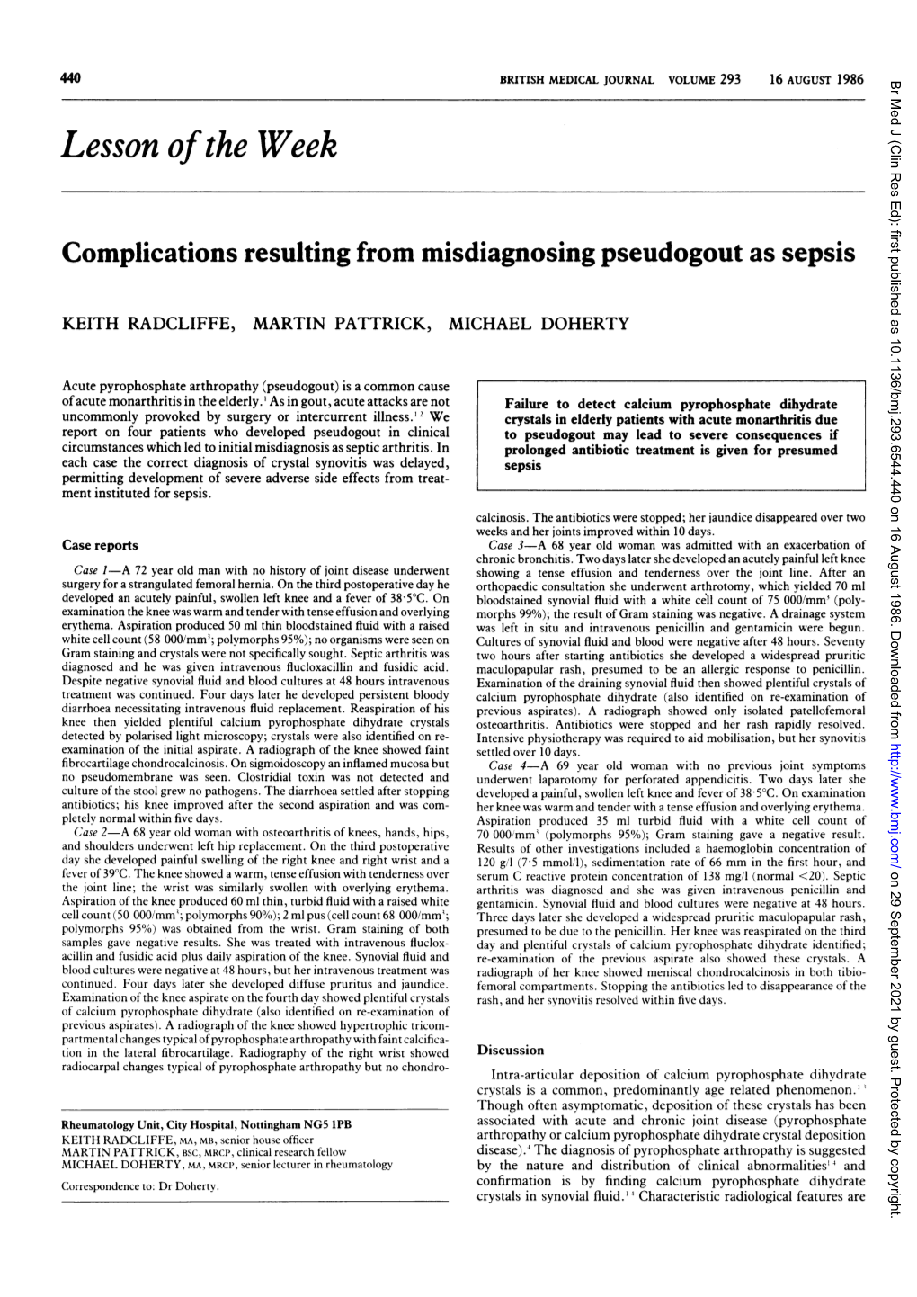 Complications Resulting from Misdiagnosing Pseudogout As Sepsis