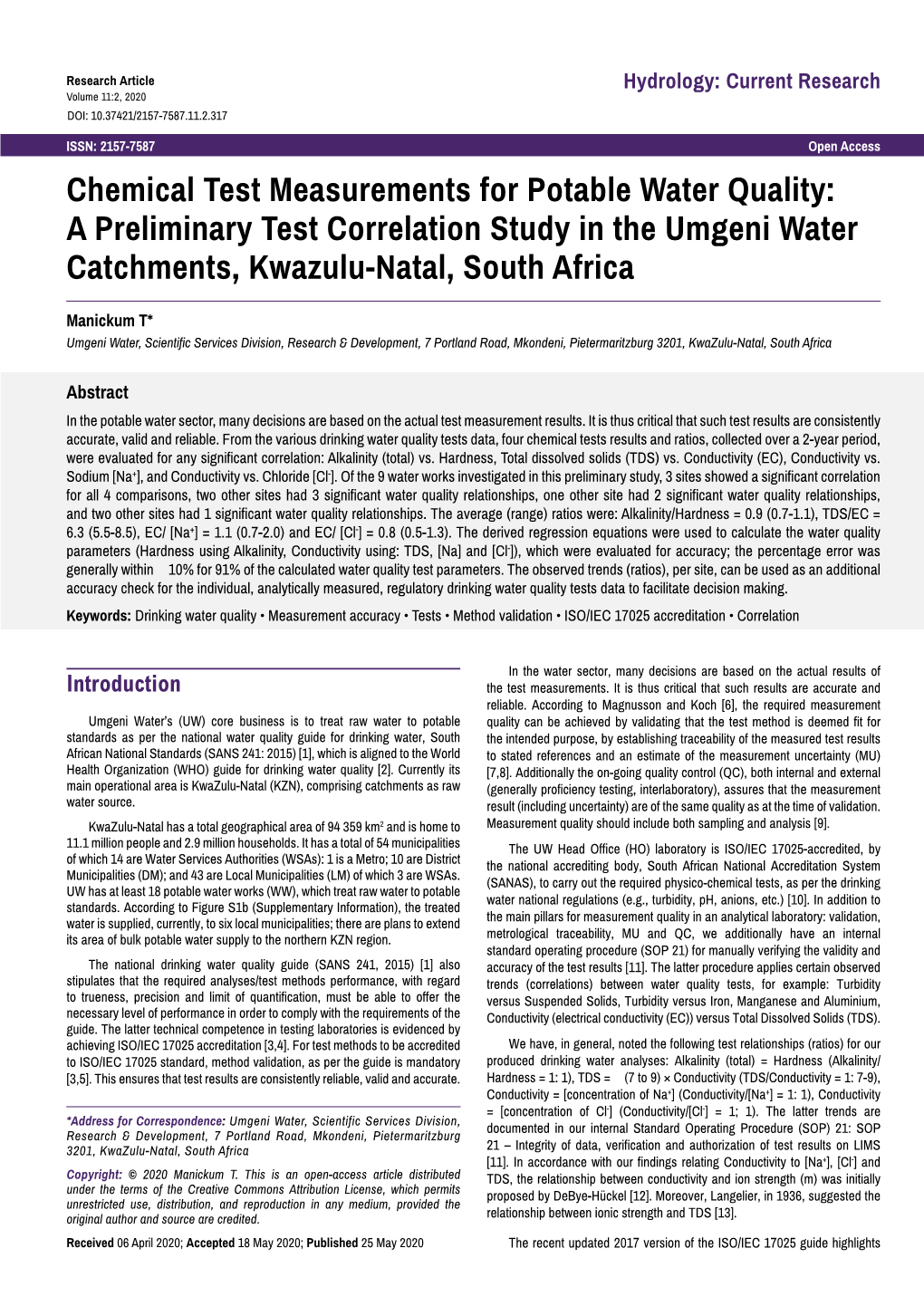 A Preliminary Test Correlation Study in the Umgeni Water Catchments, Kwazulu-Natal, South Africa