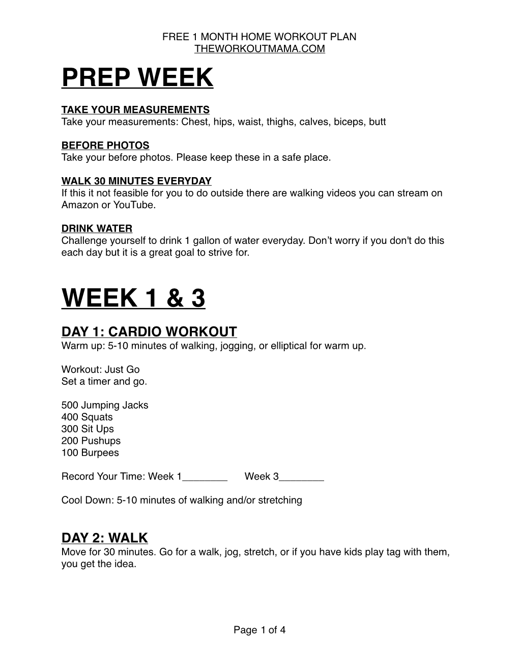 Free 1 Month Home Workout Plan Theworkoutmama.Com Prep Week