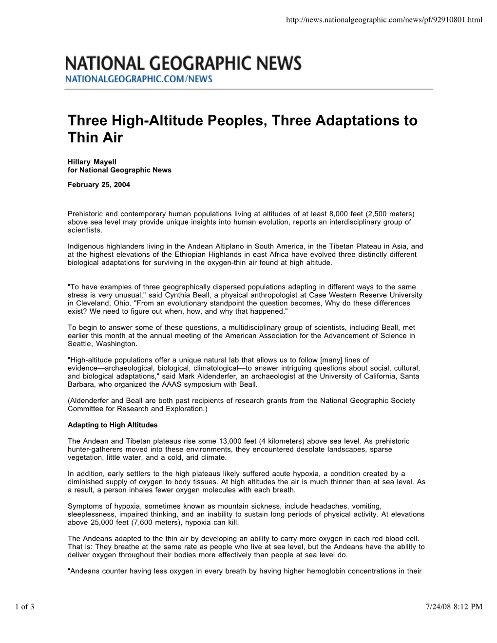 Three High-Altitude Peoples, Three Adaptations to Thin Air