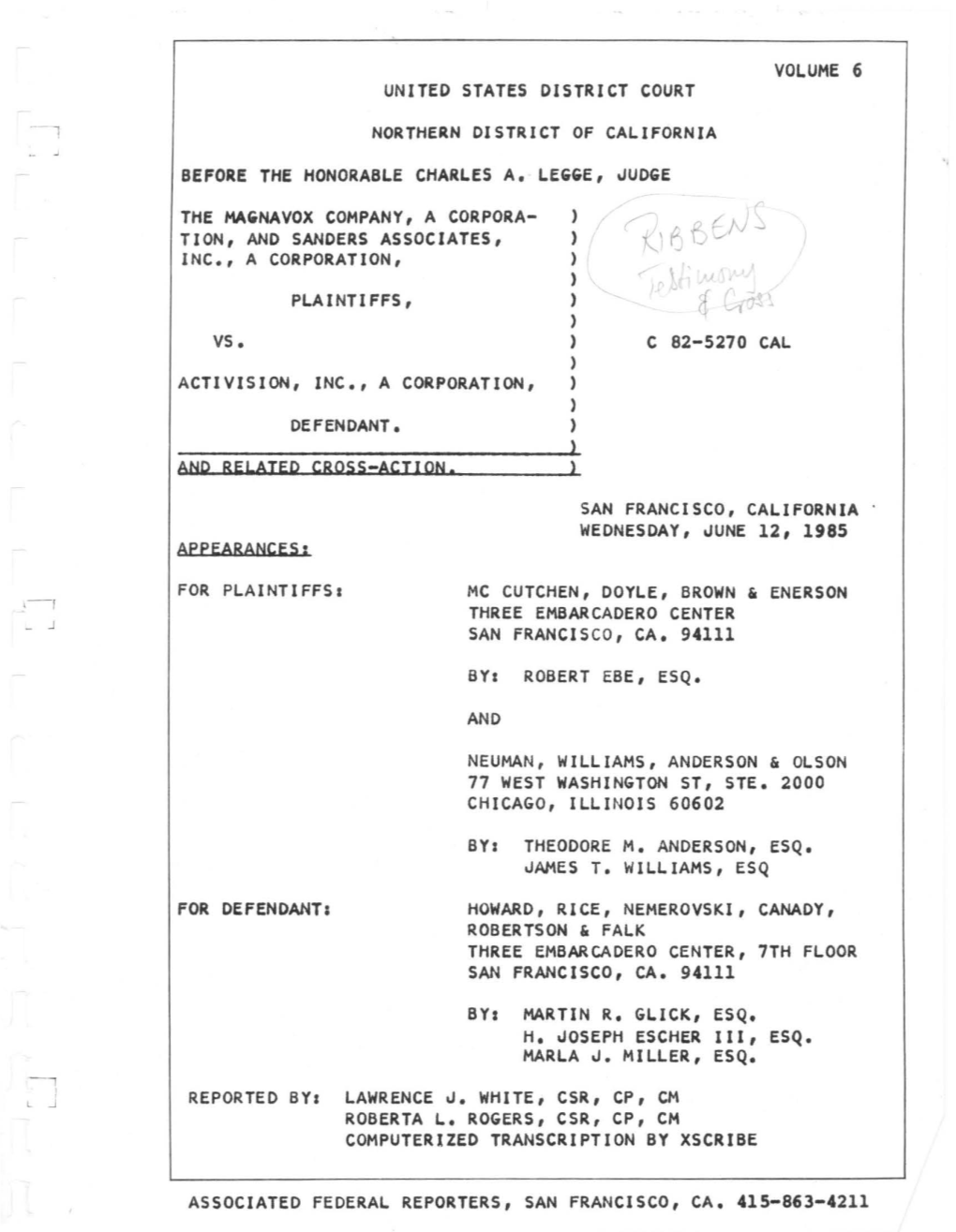 Volume 6 United States District Court Northern