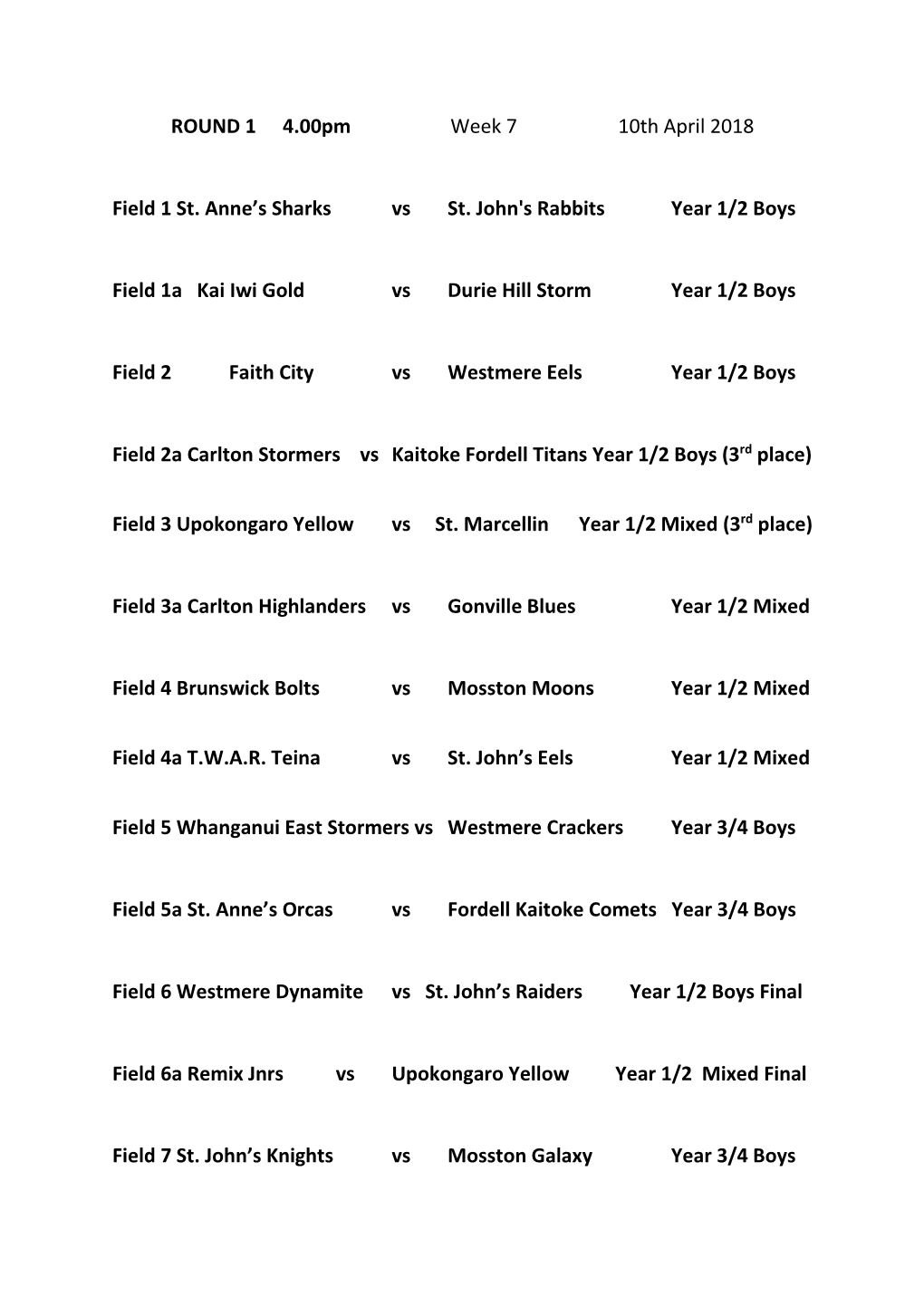 ROUND 1 4.00Pm Week 7 10Th April 2018 Field 1 St. Anne's Sharks Vs St. John's Rabbits Year 1/2 Boys Field 1A Kai Iwi Gold