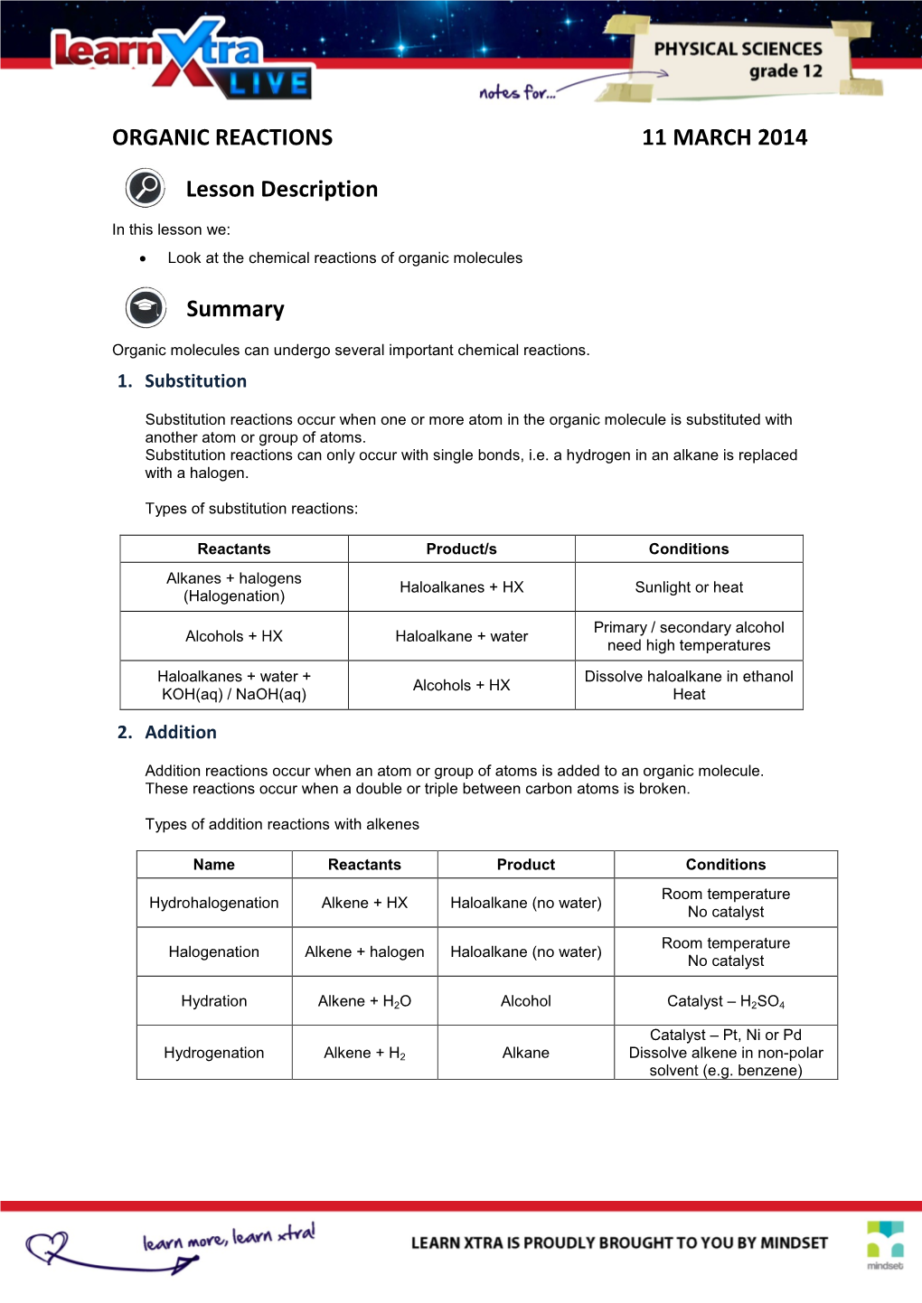 ORGANIC REACTIONS 11 MARCH 2014 Lesson Description Summary