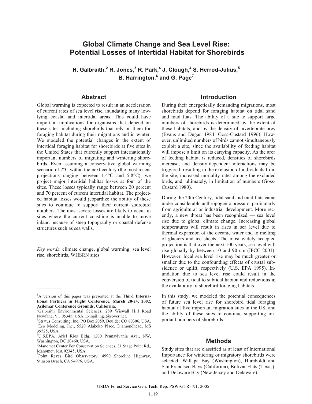 Global Climate Change and Sea Level Rise: Potential Losses of Intertidal Habitat for Shorebirds