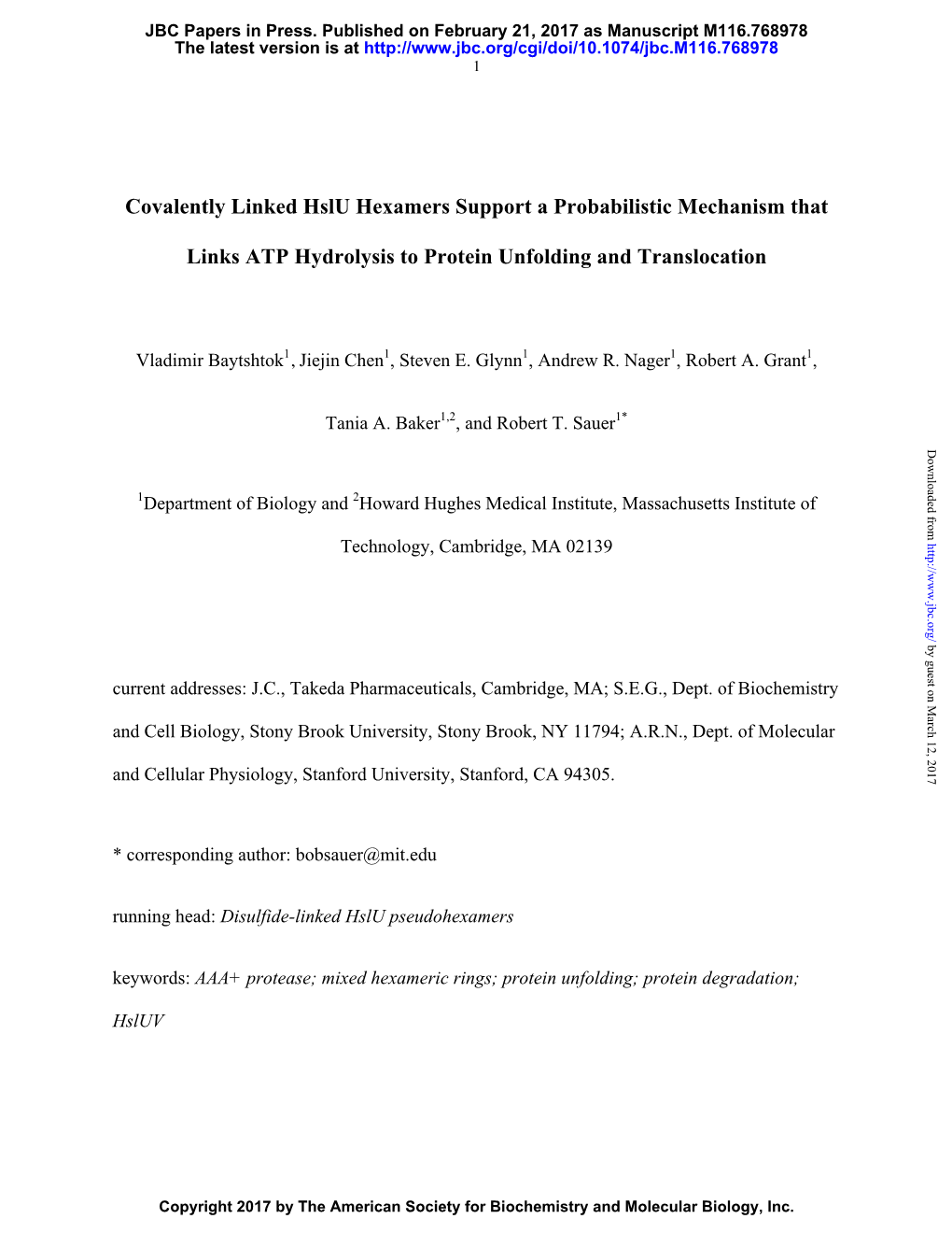 Covalently Linked Hslu Hexamers Support a Probabilistic Mechanism That