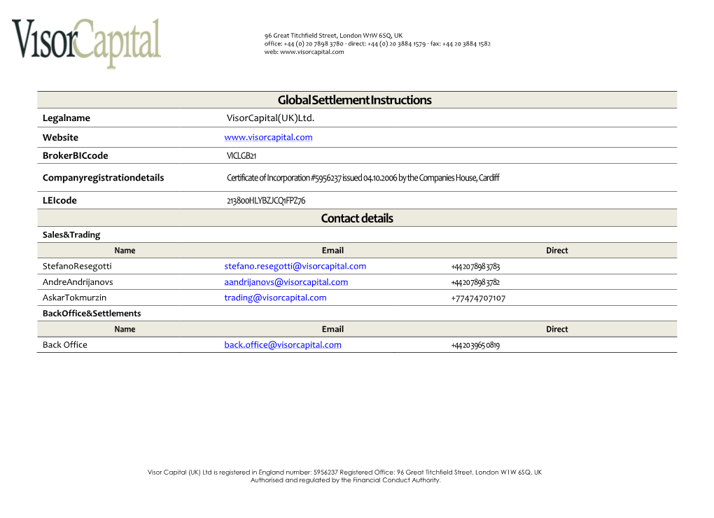 Global Settlement Instructions Contact Details