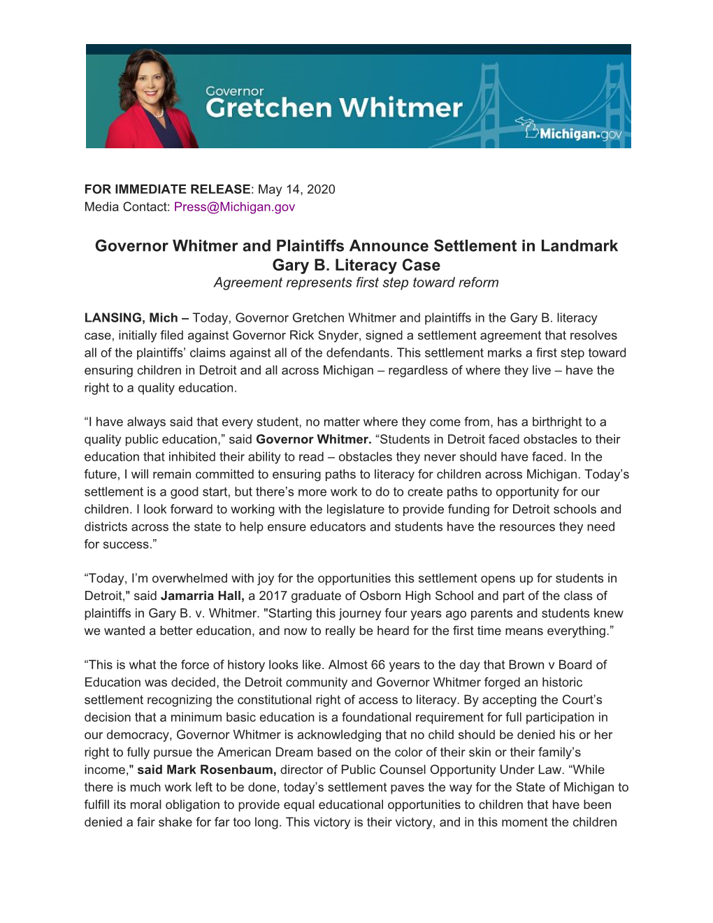 Governor Whitmer and Plaintiffs Announce Settlement in Landmark Gary B