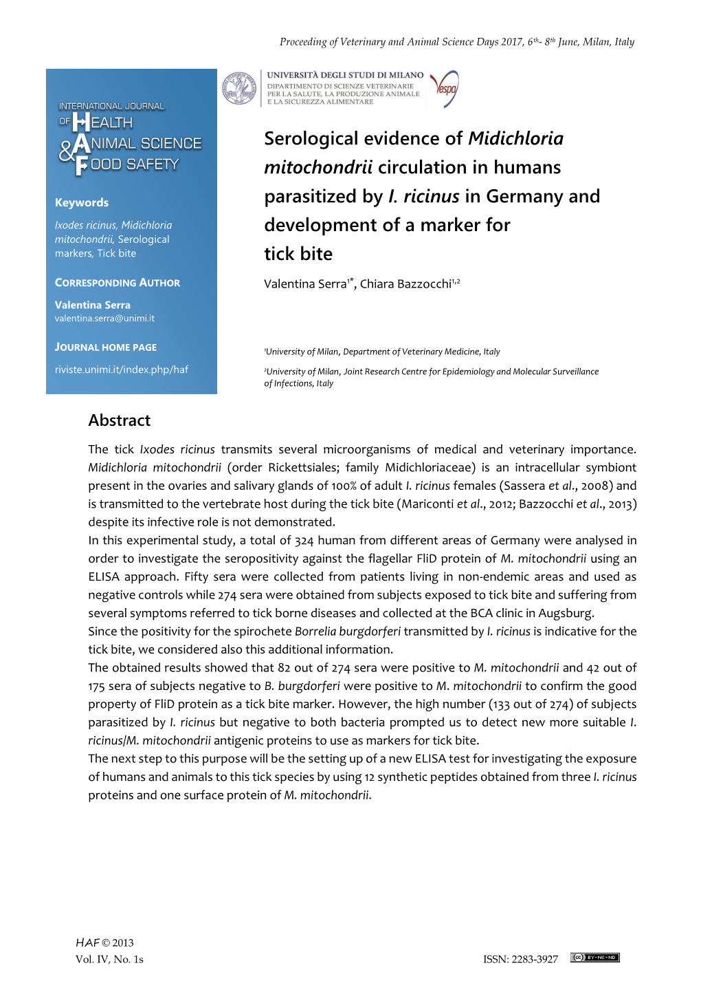 Serological Evidence of Midichloria Mitochondrii Circulation in Humans Parasitized by I. Ricinus in Germany and Development of A